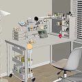 Cozy White Desk Workspace With Table Lamp Shelves Laptop And Storage Boxes