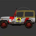 Classic White and Red Off-Road Jeep with Roof Lights Muddy Tires and Yellow Emblem
