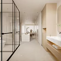 Modern Bedroom Interior With Light Colored Cabinets Open Shelving And Dressing Table