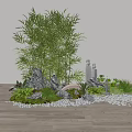 Bamboo Scene With Stones Small Bridge Pagoda Green Plants Wooden Floor White Wall