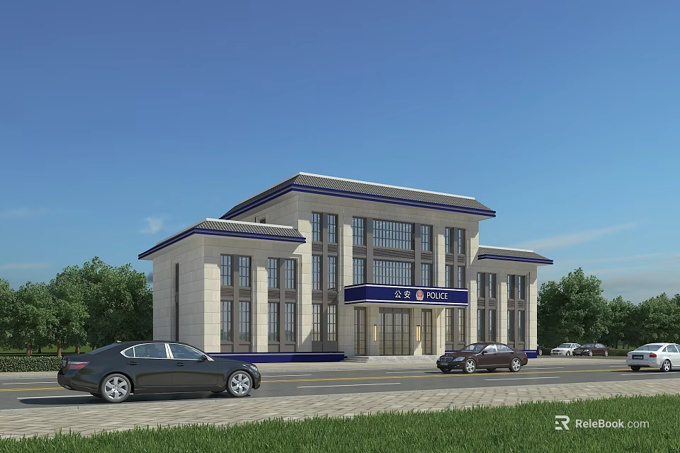 Modern Office Building With Stone Exterior Large Windows Front Cars And Surrounding Trees 3d model 