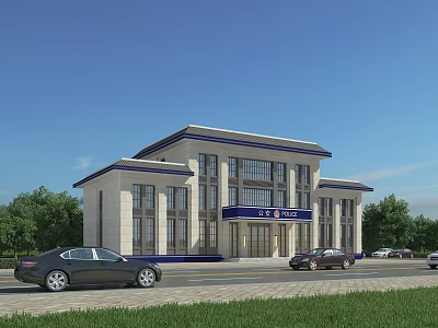 Modern Office Building With Stone Exterior Large Windows Front Cars And Surrounding Trees 3d model