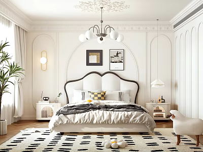 Stylish Elegant Bedroom Interior With Black Headboard Bed Chandelier Black White Rug And Green Plant 3d model
