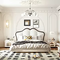 Stylish Elegant Bedroom Interior With Black Headboard Bed Chandelier Black White Rug And Green Plant