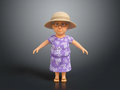 3D Character Model Of Woman In Purple Floral Dress With Wide Brimmed Hat And Glasses 3d model