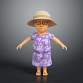 3D Character Model Of Woman In Purple Floral Dress With Wide Brimmed Hat And Glasses