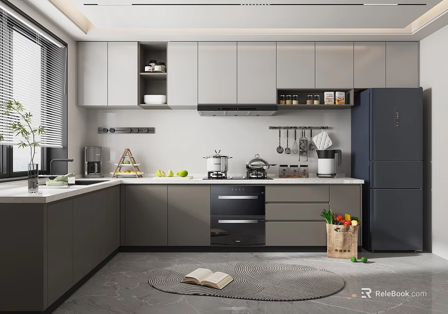 Elegant Modern Kitchen Interior With Gray Cabinets And Stainless Steel Appliances 3d model 