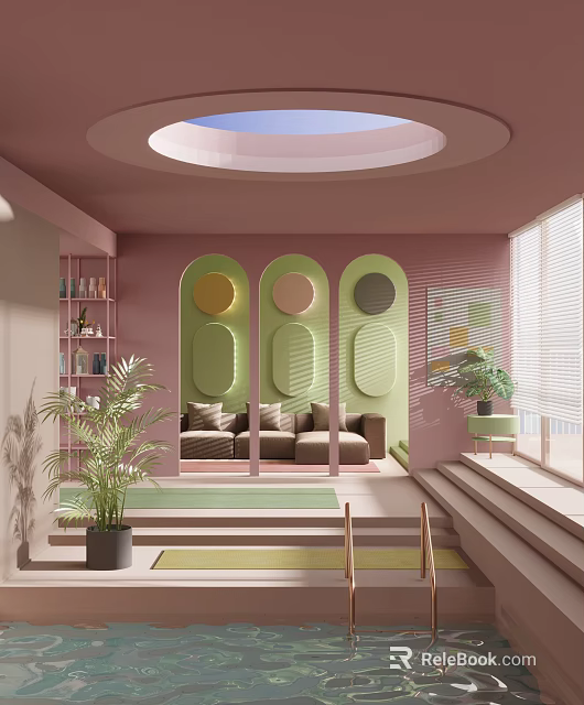 Pink Wall Interior Design With Green Arched Decor Sofa Plants Bookshelf And Steps 3d model 