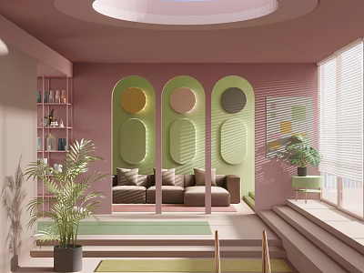 Pink Wall Interior Design With Green Arched Decor Sofa Plants Bookshelf And Steps 3d model