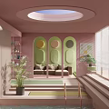 Pink Wall Interior Design With Green Arched Decor Sofa Plants Bookshelf And Steps