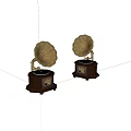 Two Vintage Phonographs With Classic Wooden Base And Golden Horns