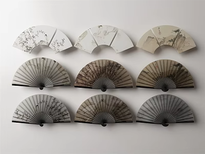 Traditional Chinese Fans Wall Decor with Various Patterns Arranged on White Wall 3d model