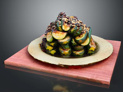 Sliced Zucchini Stacked With Savory Sauce And Sesame Seeds On Wooden Board 3d model