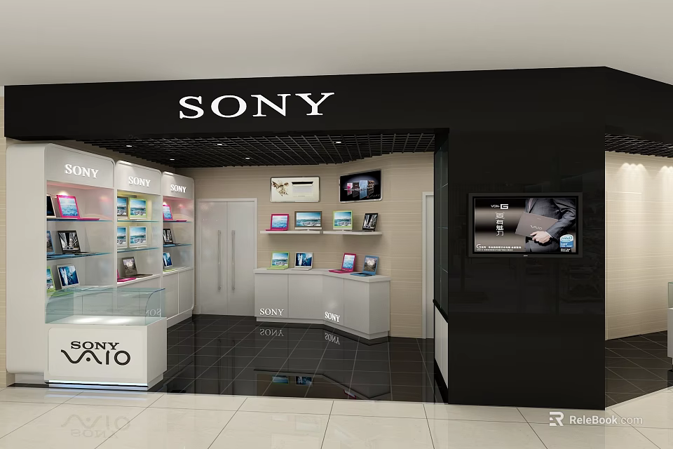 Sony Electronics Specialty Store Interior With Display Shelves TVs Counter And VAIO Laptops 3d model 