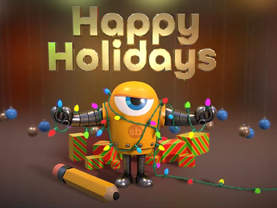 Happy Holidays Smart Robot Decorated With String Lights Surrounded By Gift Boxes Ornaments And Pencil 3d model