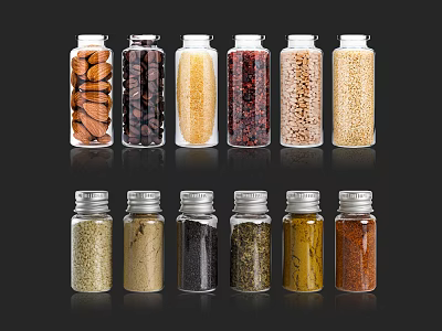 Clear Glass Spice Bottles with Silver Lids Holding Various Spices and Grains Arranged in Rows 3d model