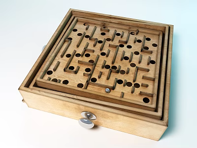 Wooden Square Maze Puzzle Game with Track Holes and Drawer Knob 3d model