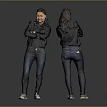 Woman Front Back View Wearing Black Top Blue Jeans White Sneakers on Gray Background