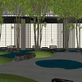 Modern Garden Landscape With Glass Curtain Walls Trees And Open Courtyard Paving