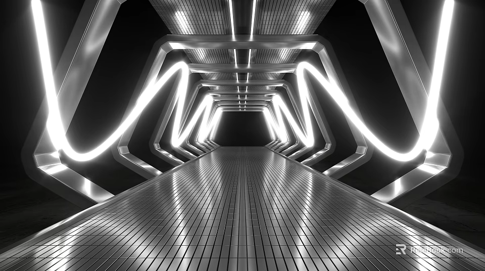 Futuristic Elevator Hallway Design With Illuminated Curved Lines And Metallic Floor 3d model 