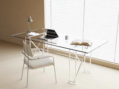 Minimalist Glass Desk with White Frame Featuring Open Book Laptop Lamp Cup And Window Blinds 3d model