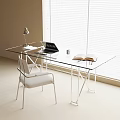 Minimalist Glass Desk with White Frame Featuring Open Book Laptop Lamp Cup And Window Blinds