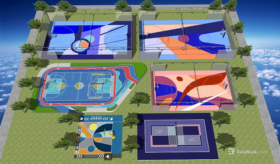 Multiple Colorful Football Field Designs With Outdoor Layouts And Various Colored Surfaces 3d model 