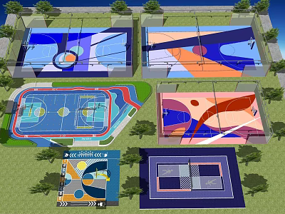Multiple Colorful Football Field Designs With Outdoor Layouts And Various Colored Surfaces 3d model