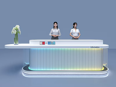 Modern Illuminated Reception Desk With White Flower Vase And Welcome Sign 3d model