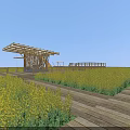 Garden Landscape With Wooden Pavilion Yellow Flower Field And Wooden Pathway