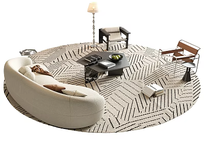 Curved Cream Sofa Coffee Table Combination On Geometric Rug With Accent Chairs Floor Lamp Decor 3d model
