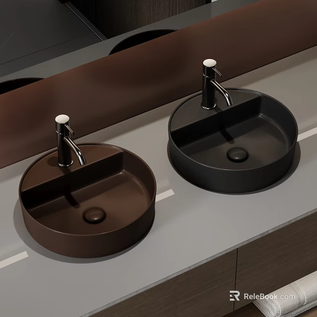 Stylish Brown And Black Round Washbasins On Gray Countertop With Faucets 3d model 