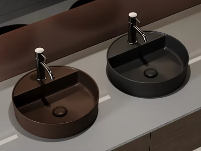 Stylish Brown And Black Round Washbasins On Gray Countertop With Faucets 3d model