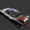Rusty Damaged Vintage Car With Open Hood Broken Doors And Wrecked Body