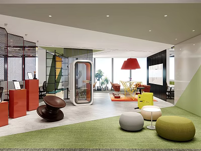 Modern Casual Lounge Area Interior With Green Rug Round Stools And Red Floor Lamp 3d model