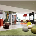 Modern Casual Lounge Area Interior With Green Rug Round Stools And Red Floor Lamp
