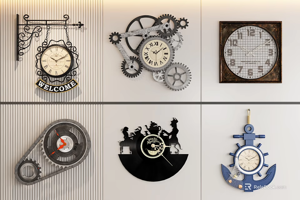 Decorative Wall Clock Hangings With Gear Anchor Animal And Welcome Design For Home Decor 3d model 