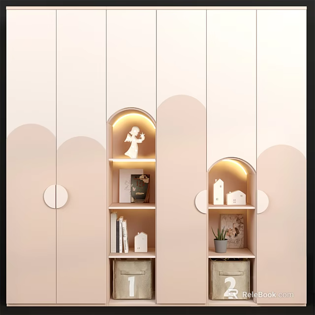 Modern Wardrobe With Arc Decorations Built-in Lighting Small Ornaments Bookshelves And Drawers 3d model 