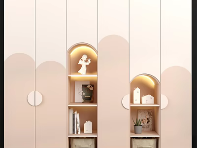 Modern Wardrobe With Arc Decorations Built-in Lighting Small Ornaments Bookshelves And Drawers 3d model