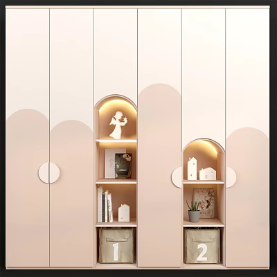 Modern Wardrobe With Arc Decorations Built-in Lighting Small Ornaments Bookshelves And Drawers 3d model