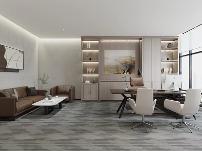 Modern Office Interior With Sofa Coffee Table Desk White Chairs Bookshelves And Large Windows 3d model