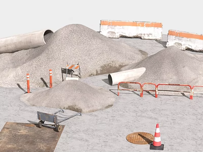 Road Construction Facilities At Work Site With Gravel Piles Pipes Traffic Cones Barriers And Wheelbarrow 3d model