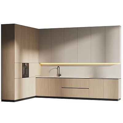 Modern Minimalist Kitchen Interior With Light Wood Cabinets Under Cabinet Lighting And Sink Faucet 3d model