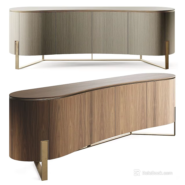 Modern Curved TV Stand With Walnut Wood Finish And Metal Support Legs Storage 3d model 