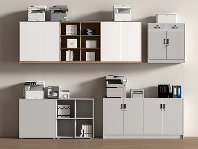 Organized Office Storage With White Cabinets Printers And Filing Supplies 3d model
