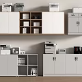 Organized Office Storage With White Cabinets Printers And Filing Supplies