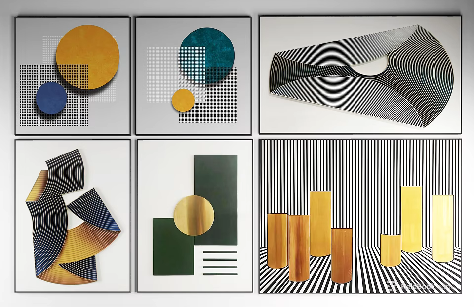 Modern Geometric Abstract Paintings With Colorful Circles Blocks And Black White Patterns 3d model 