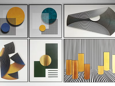 Modern Geometric Abstract Paintings With Colorful Circles Blocks And Black White Patterns 3d model