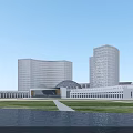 Modern High Rise Office Building With Glass Facade By Water Reflection And Green Lawn