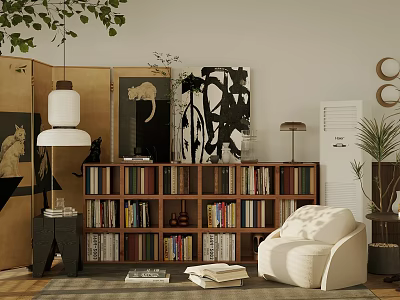 Modern Home Bookcase with Shelves Full of Books Green Plants and Decorative Artworks 3d model